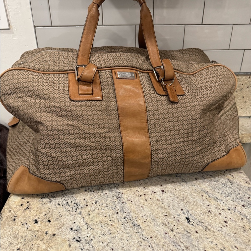 Rare Coach Tan and Brown Signature Travel Bag comes with strap ,duffle bag